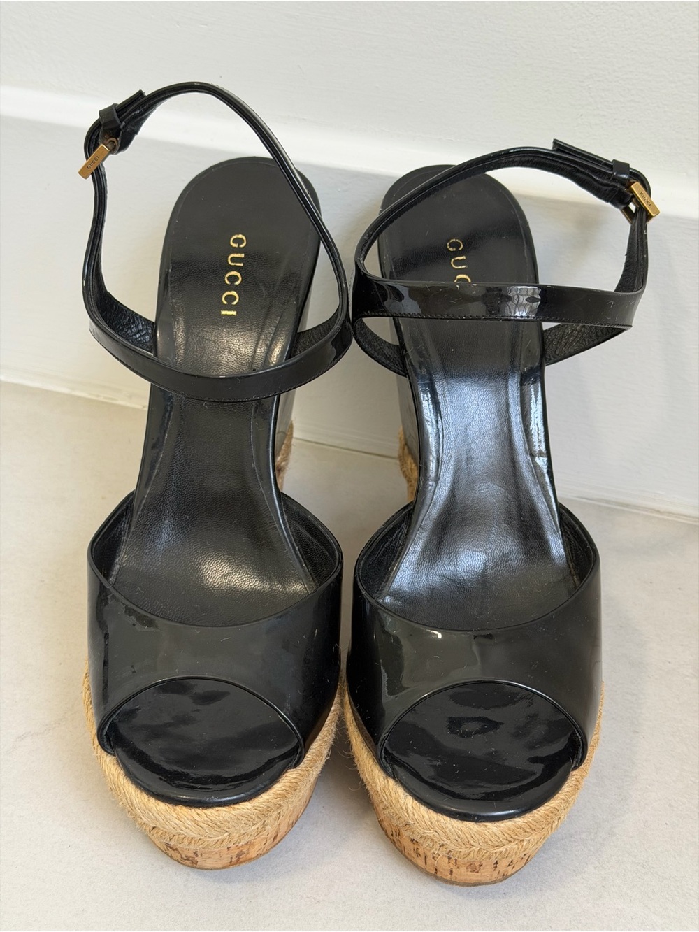 Gucci Black Patent Leather Platform Sandals